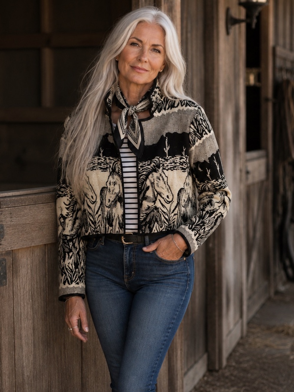 NWT Vintage Women's Black & Cream Horse-Print Zip Jacket-Large